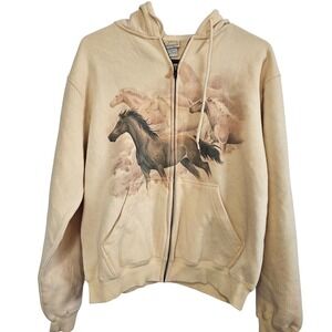 Artisans Wild Horse Graphic Full Zip Hoodie Tan Beige Mens Medium Equestrian